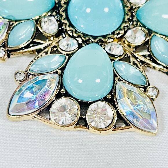 Turquoise Inlay Silver Brooch Pin Cross Crystal Rhinestones Theme Faux 5.7cm - Picture 2 of 5